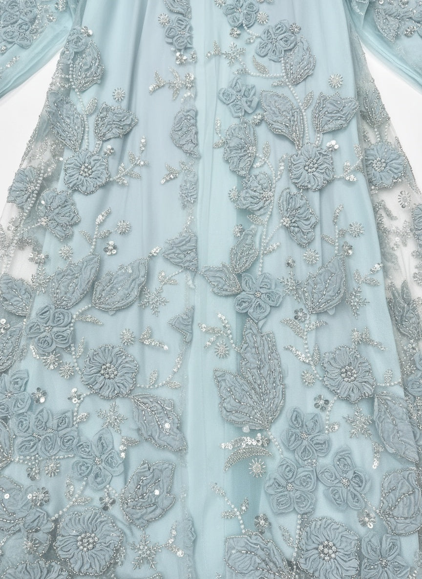Bloom Collection Floral Abaya Ice Blue - back view studio light