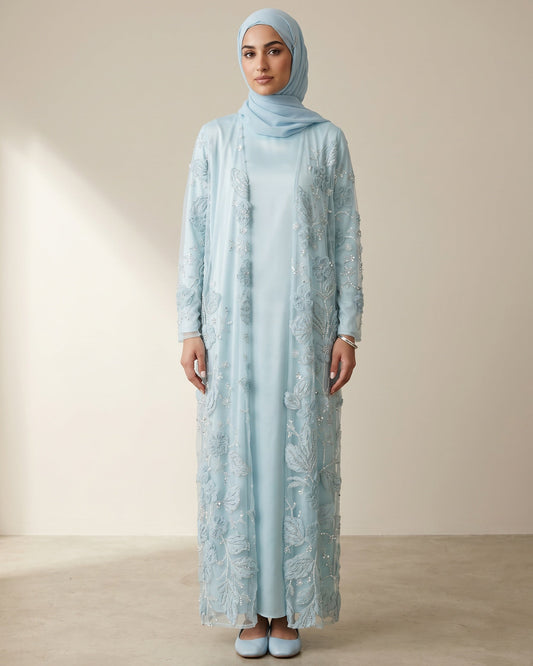 Bloom Collection Floral Abaya Ice Blue - front view on model