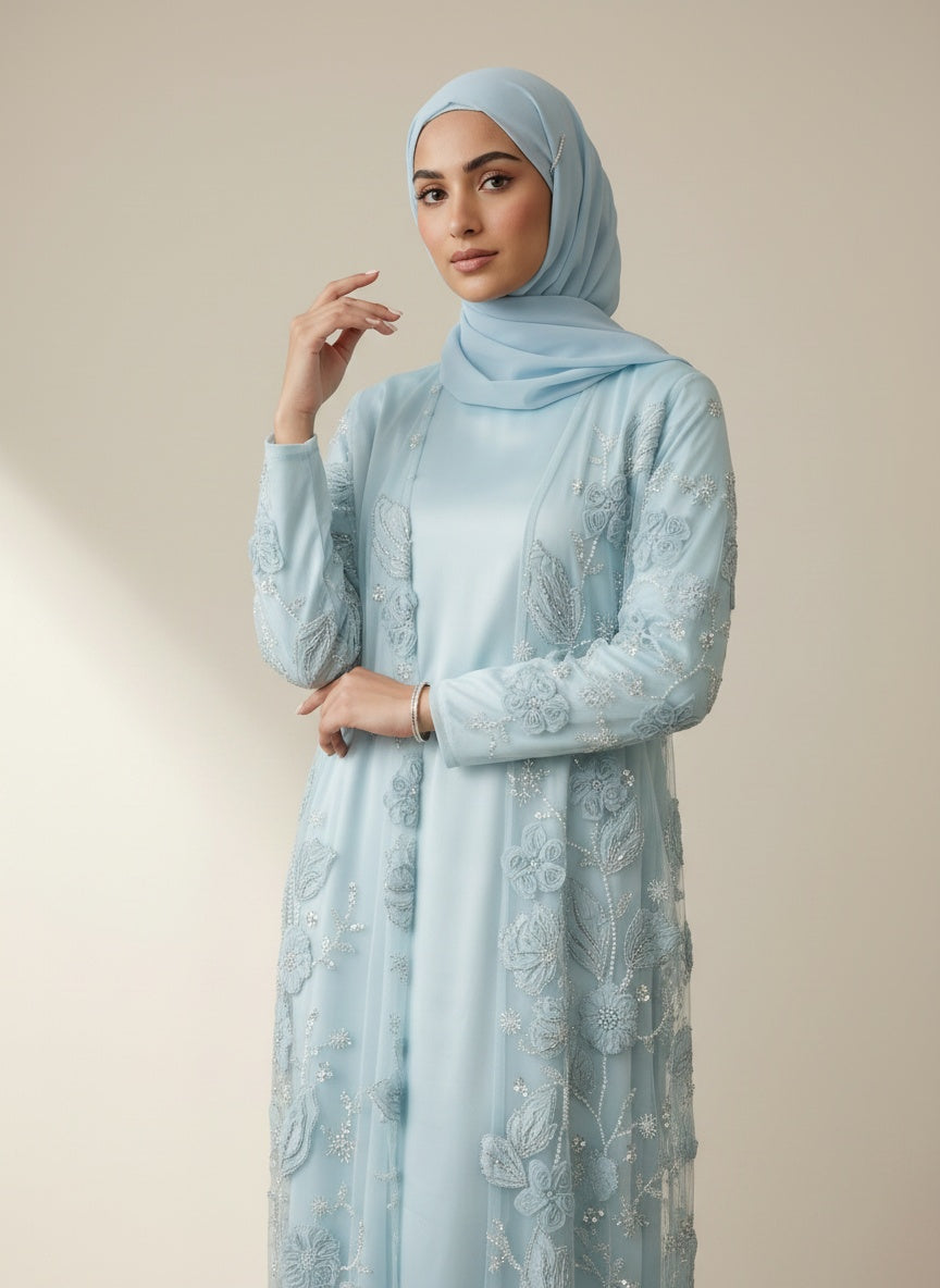 Bloom Collection Floral Abaya Ice Blue - back view on model showing full embroidery