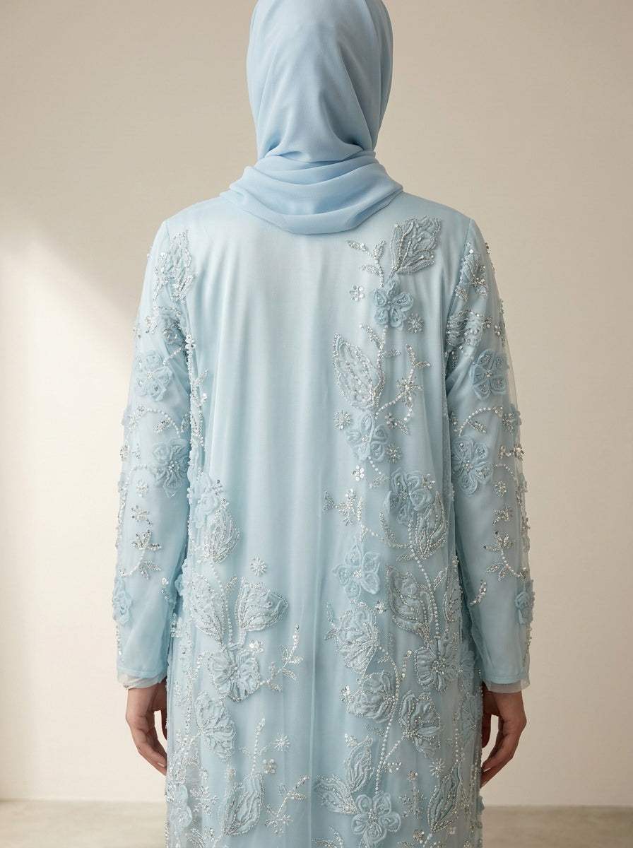 Bloom Collection Floral Abaya Ice Blue - side front view on model