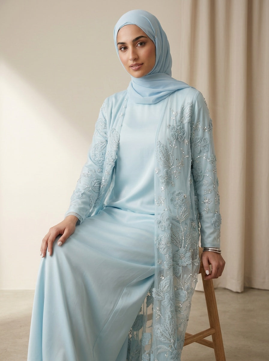 Bloom Collection Floral Abaya Ice Blue - close-up of 3D floral embroidery and pearl beading detail