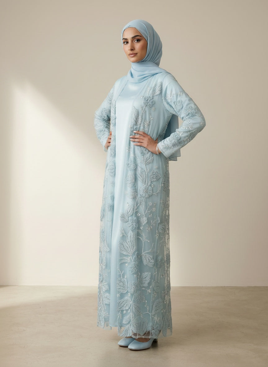 Bloom Collection Floral Abaya Ice Blue - back view full length on model